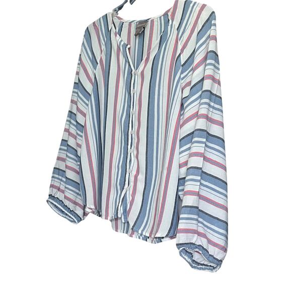 CHICO'S LONG BELL RAGLAN SLV BUTTON DOWN V-NECK BLOUSE, BLUE PINK BLACK STRIPE - Picture 3 of 11
